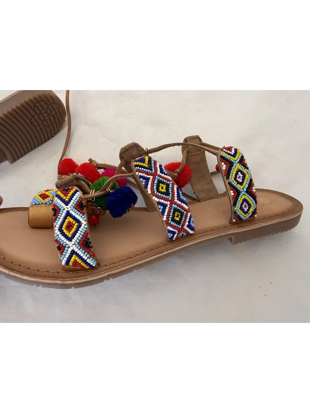 NEW Chinese Laundry Posh Boho Sandals Size 10 Beaded Pom Poms Coins Gladiator